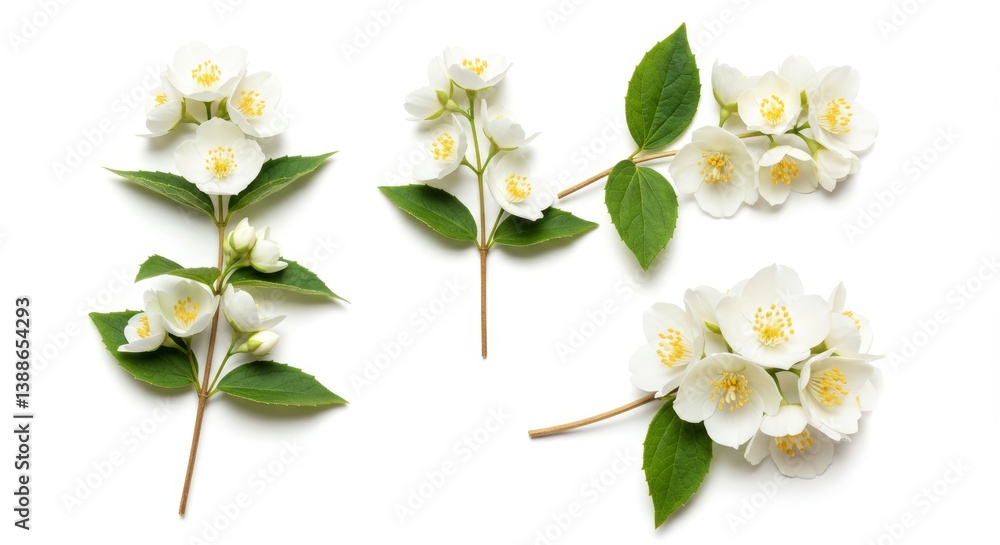 Fototapeta premium Delicate jasmine blossoms arranged for a clean, elegant floral composition, showcasing natural beauty