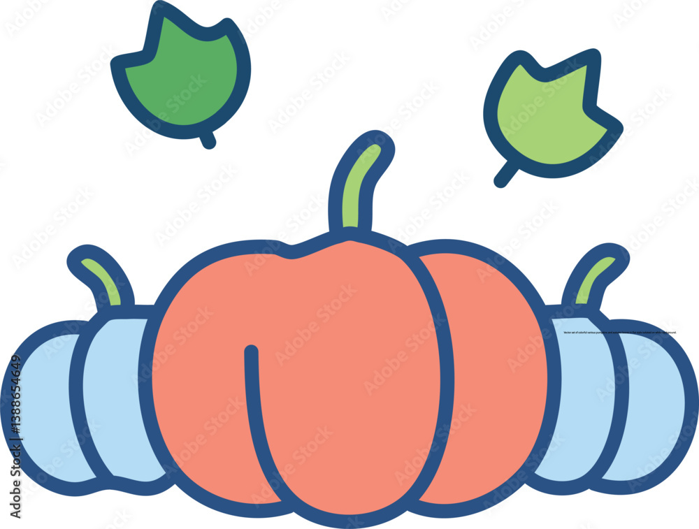 Vector set of colorful various pumpkins and autumn leaves in flat style isolated on white background