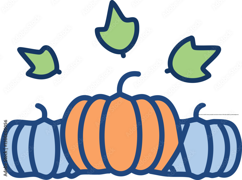 Vector set of colorful various pumpkins and autumn leaves in flat style isolated on white background
