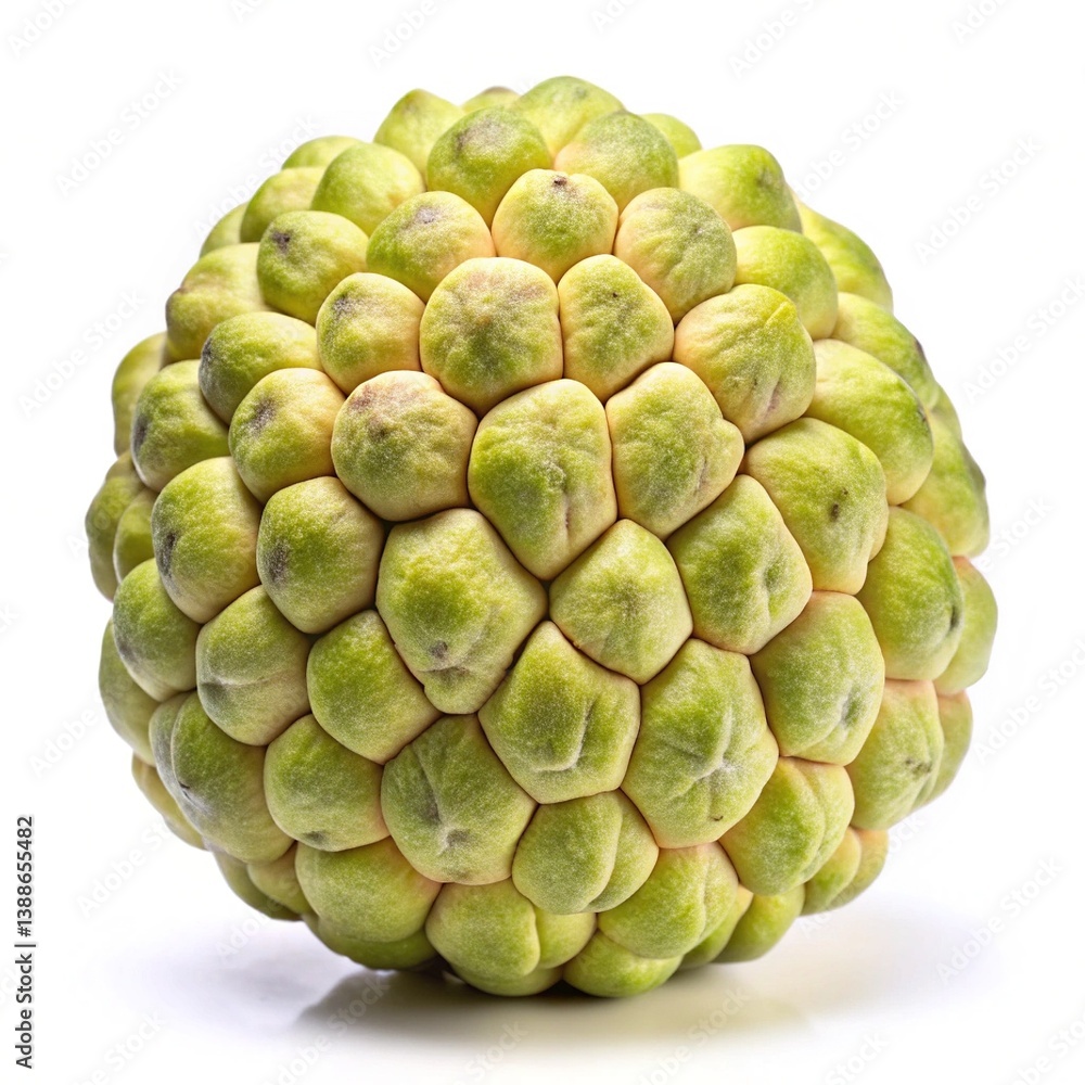 Fototapeta premium Closeup of a whole cherimoya fruit on white background showing its unique texture and numerous segments