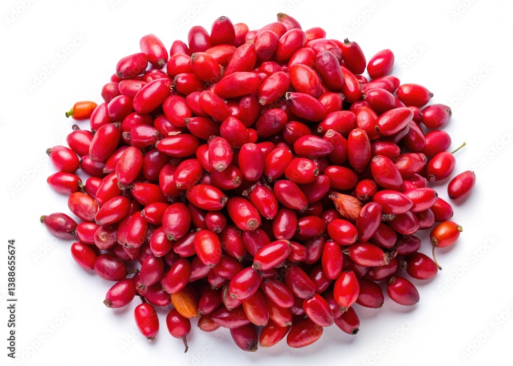 A large pile of vibrant red rose hips on a white background showcasing their natural color and texture A large pile of vibrant red rose hips on a white background showcasing their natural color and texture