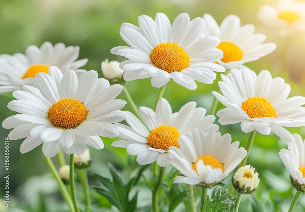 Fototapeta premium Fresh White Daisies Blooming Under Soft Sunlight in a Lush Green Garden Setting