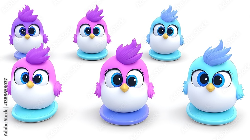 Fototapeta premium Colorful cartoon birds with large eyes and crests