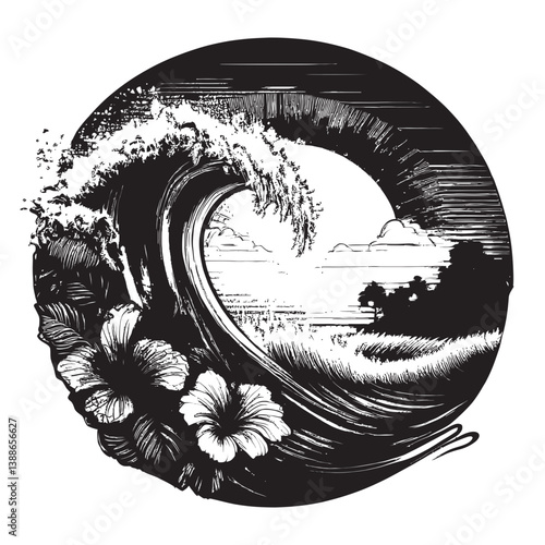 Wave Crest in Circular Design with Hibiscus Flowers and Sunset