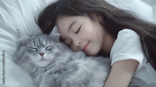 Wallpaper Mural Sweet Dreams: Girl Sleeping Peacefully with Fluffy Grey Cat Torontodigital.ca