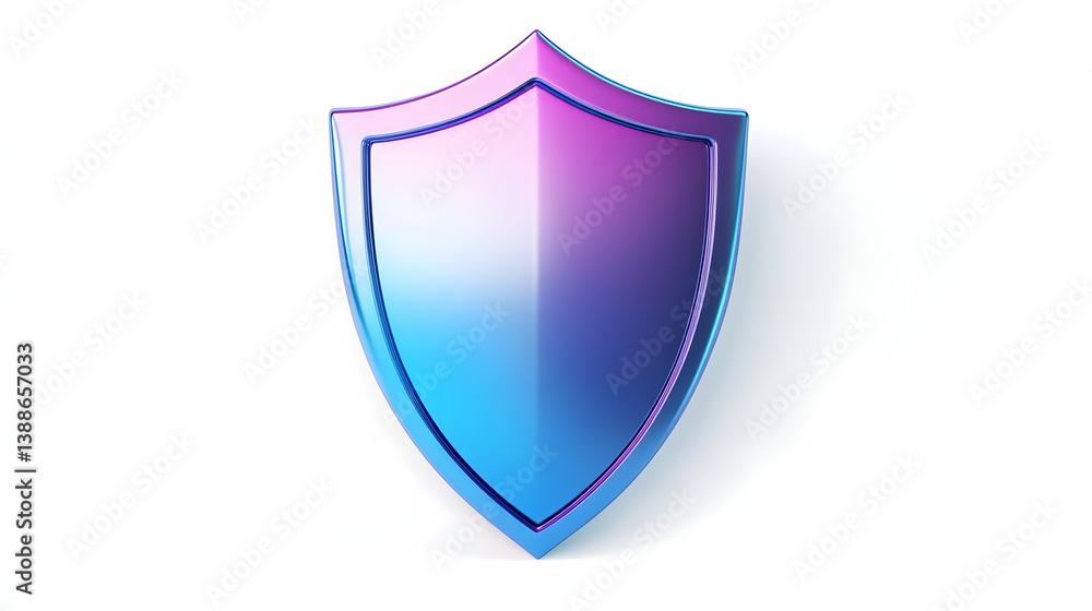 Shield depicting protection. shield 3d icon. Protection, defense and security concept symbol: blue and purple shield on isolated on white background Shield depicting protection. shield 3d icon. Protection, defense and security concept symbol: blue and purple shield on isolated on white background