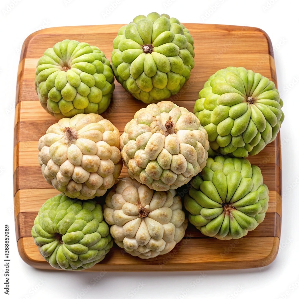 Fototapeta premium A Collection of Ripe Cherimoyas on a Wooden Cutting Board