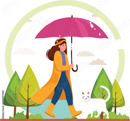 Obraz na płótnie Woman with rain coat holding umbrella and walking and cat under the umbrella. Monsoon season equipment set concept. w salonie