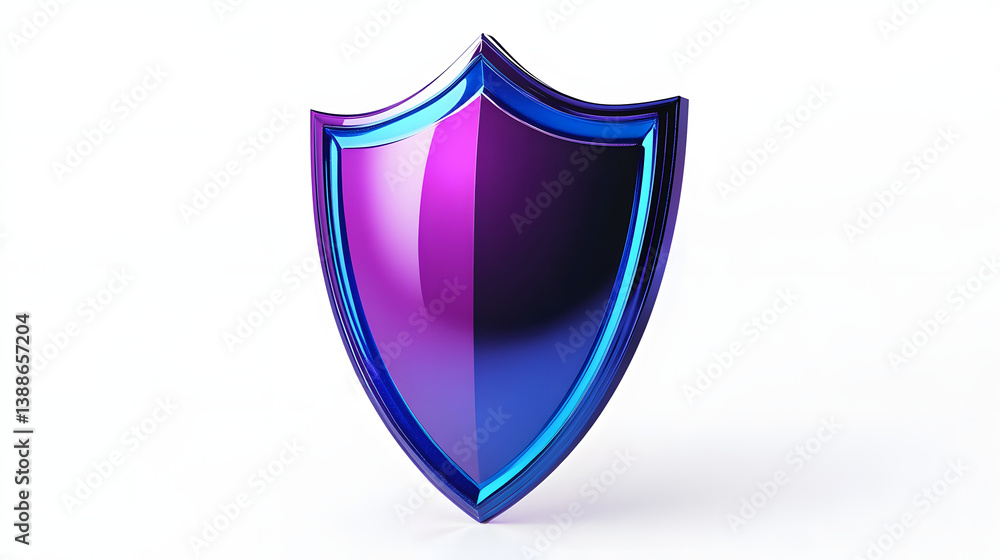 Shield depicting protection. shield 3d icon. Protection, defense and security concept symbol: blue and purple shield on isolated on white background Shield depicting protection. shield 3d icon. Protection, defense and security concept symbol: blue and purple shield on isolated on white background