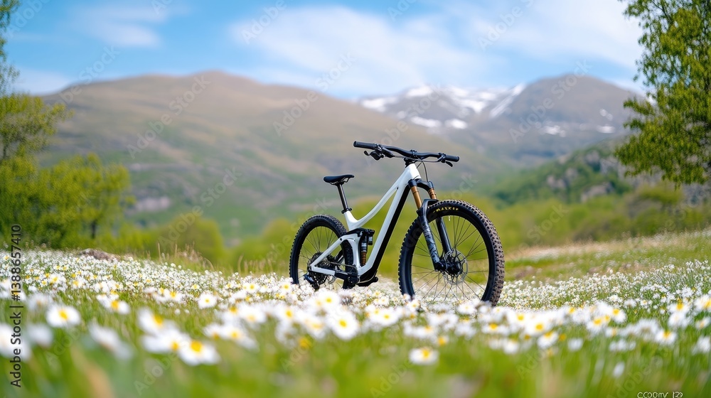 Naklejka premium Mountain bike in a field of flowers