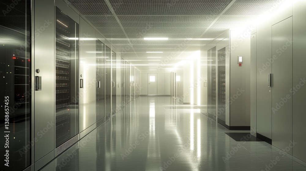 Fototapeta premium Long brightly lit server room corridor filled with racks and cabinets