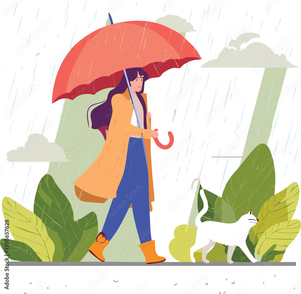 Woman with rain coat holding umbrella and walking and cat under the umbrella. Monsoon season equipment set concept.