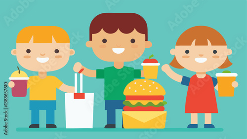 Fast Food Restaurant Scene A colorful of a fastfood restaurant with children happily holding oversized burger bags and sugary drinks with a sign promoting Super Size