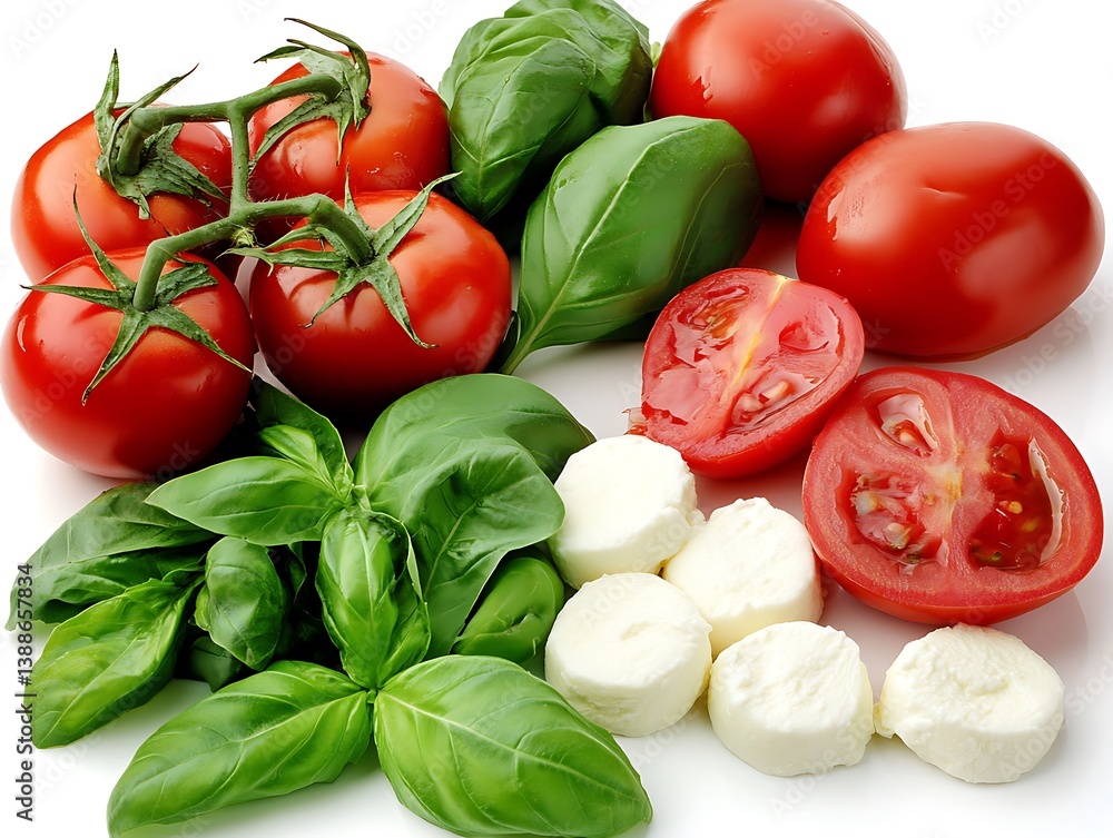 Fresh Caprese Salad Ingredients: Ripe Tomatoes, Mozzarella, and Basil Leaves Fresh Caprese Salad Ingredients: Ripe Tomatoes, Mozzarella, and Basil Leaves