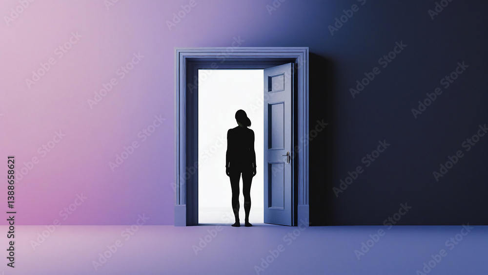 Silhouetted Person Standing Before a Doorway Leading to an Endless Void – Symbolizing Stepping into Uncertainty and Facing the Fear of the Unknown Silhouetted Person Standing Before a Doorway Leading to an Endless Void – Symbolizing Stepping into Uncertainty and Facing the Fear of the Unknown