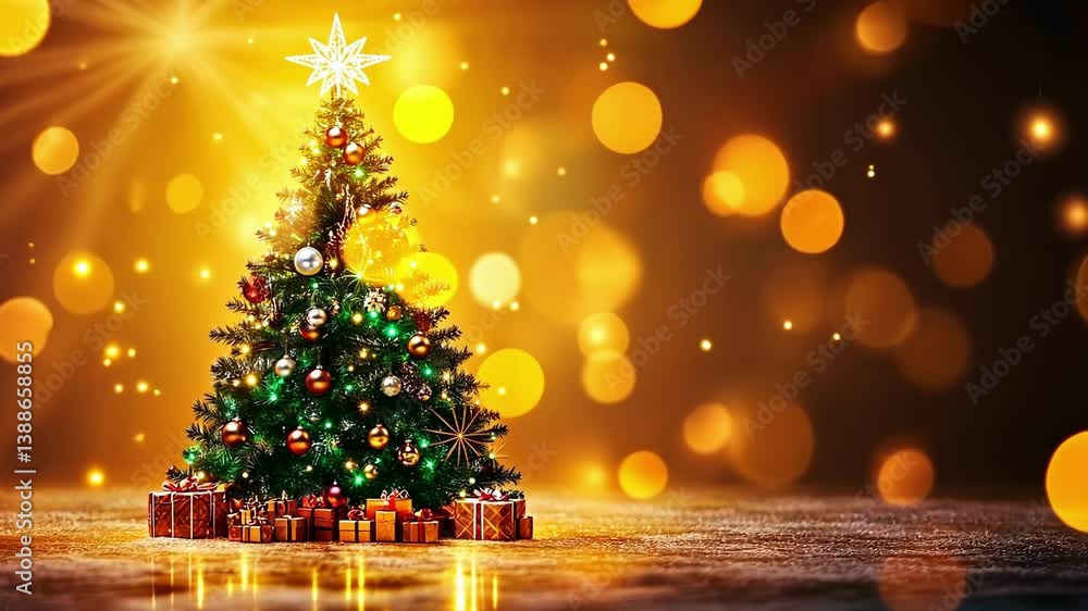 Festive christmas tree illuminated with warm glowing lights and ornaments Festive christmas tree illuminated with warm glowing lights and ornaments