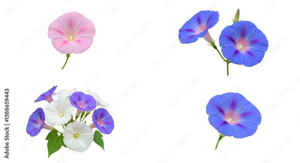 Elegant morning glory floral set on a stark white backdrop showcasing vibrant hues Elegant morning glory floral set on a stark white backdrop showcasing vibrant hues