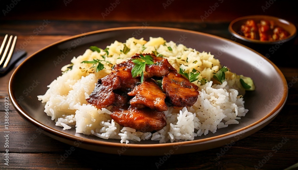 A hearty serving of cooked meat paired with fluffy white rice on a plate. This simple yet flavorful dish represents a balanced, homemade meal, perfect for food A hearty serving of cooked meat paired with fluffy white rice on a plate. This simple yet flavorful dish represents a balanced, homemade meal, perfect for food