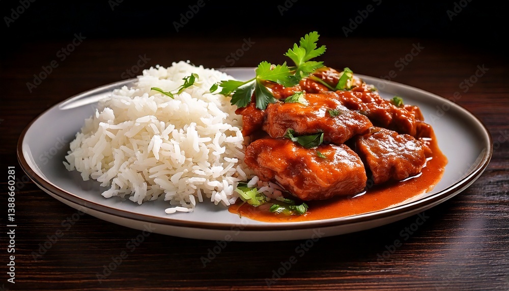 A hearty serving of cooked meat paired with fluffy white rice on a plate. This simple yet flavorful dish represents a balanced, homemade meal, perfect for food A hearty serving of cooked meat paired with fluffy white rice on a plate. This simple yet flavorful dish represents a balanced, homemade meal, perfect for food