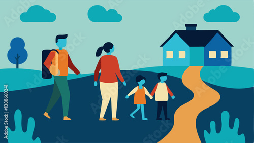 Family Carrying Belongings A family of four including two children walking along a dirt path carrying backpacks and a few small items with a background depicting flooded homes.