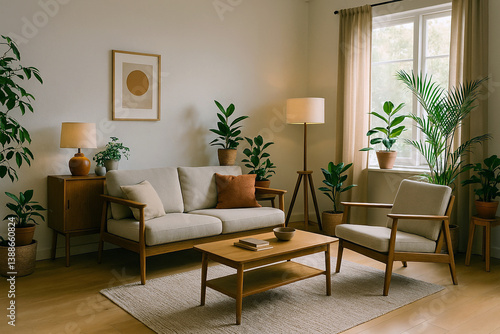 Modern Indian living room with indoor plants, wooden furniture and warm lighting – daylight photography
