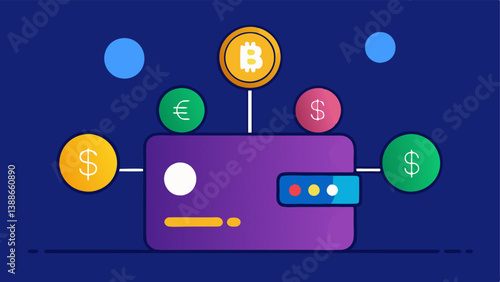 Crypto Wallet A sleek digital wallet interface showing various cryptocurrencies represented as colorful digital coins with a highlighted total balance.