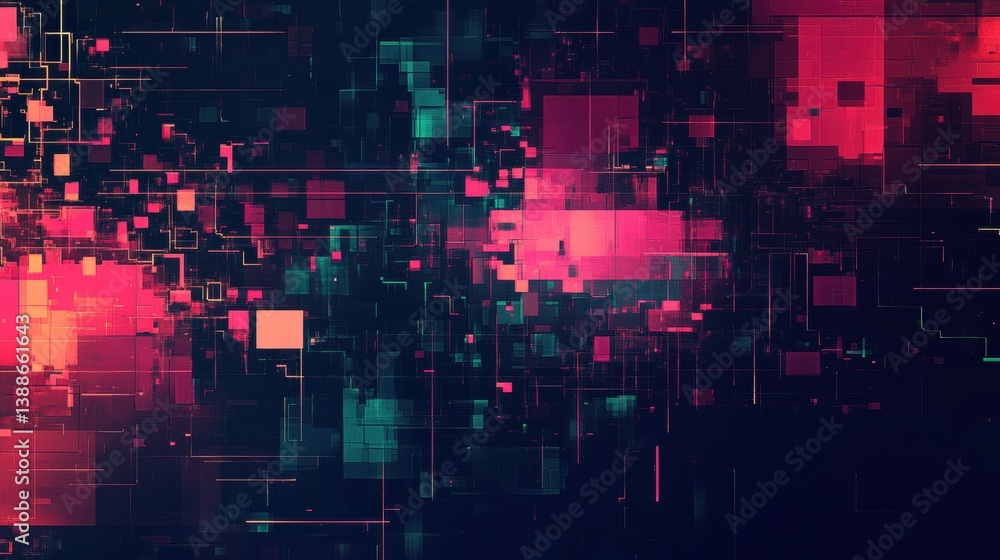 Obraz premium Dynamic abstract pixelated digital pattern with structured gaps showcasing a modern cybernetic theme and vibrant high-contrast color scheme