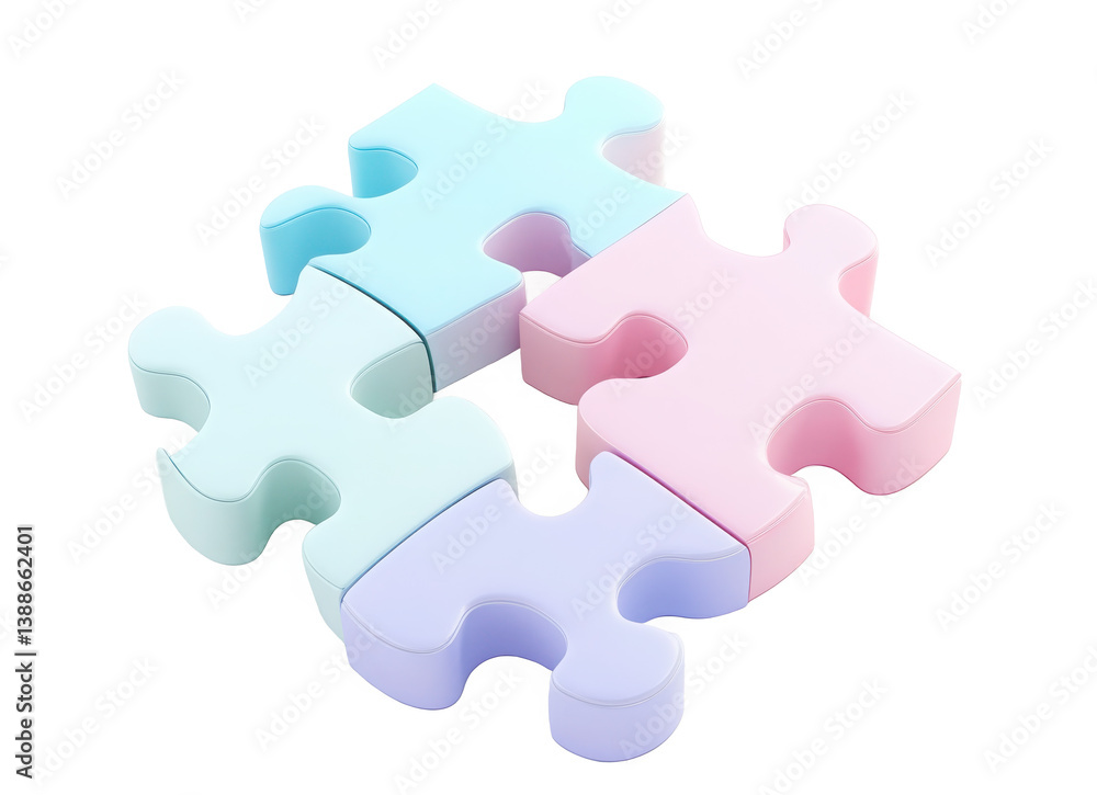 Fototapeta premium 3D icon of three colored puzzle pieces, in pastel colors, with a transparent background