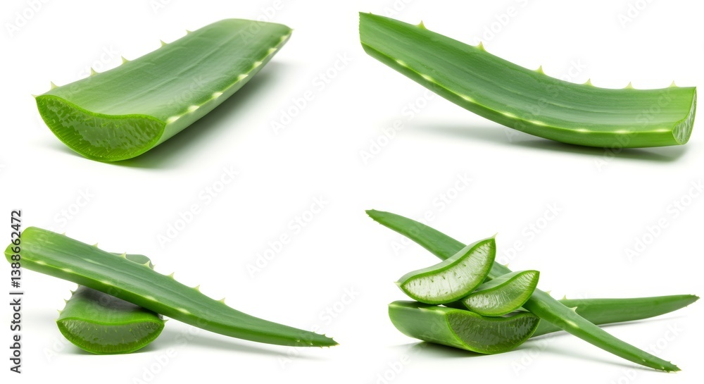 Aloe vera leaf collection against clean white emphasizing natural simplicity Aloe vera leaf collection against clean white emphasizing natural simplicity