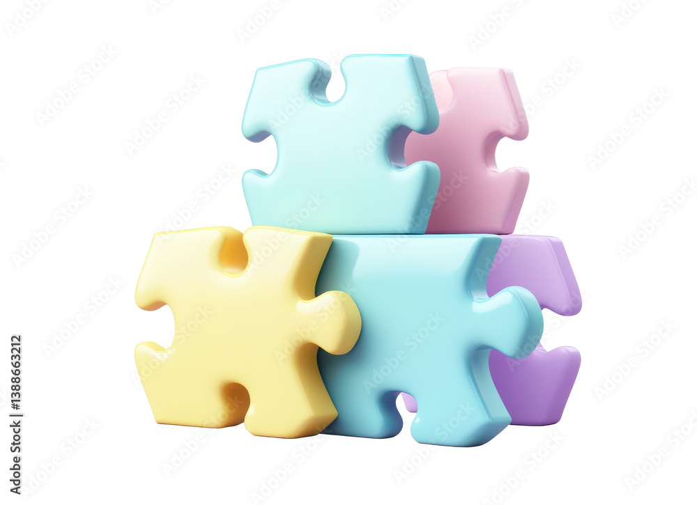 3D icon of three colored puzzle pieces, in pastel colors, with a transparent background 3D icon of three colored puzzle pieces, in pastel colors, with a transparent background