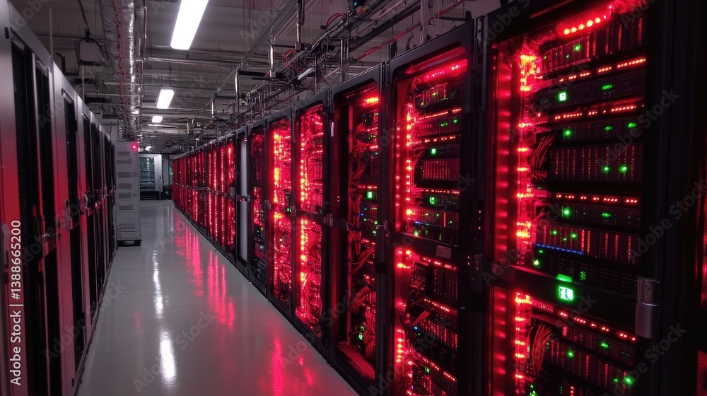 Fototapeta premium A brightly lit data center server room with red lighting present