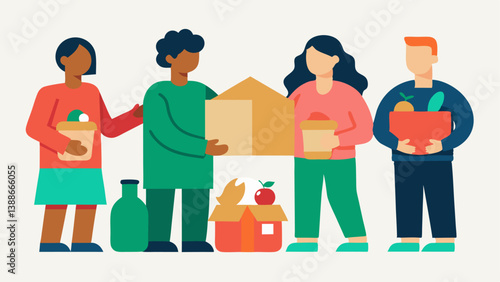 Community Help A friendly illustration of a community food bank with people receiving groceries showing the solidarity a neighbors during tough times.