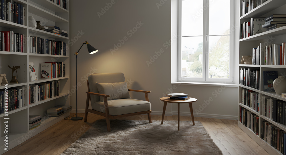 Minimalist Library Corner with Warm Light and Cozy Reading Atmosphere Minimalist Library Corner with Warm Light and Cozy Reading Atmosphere