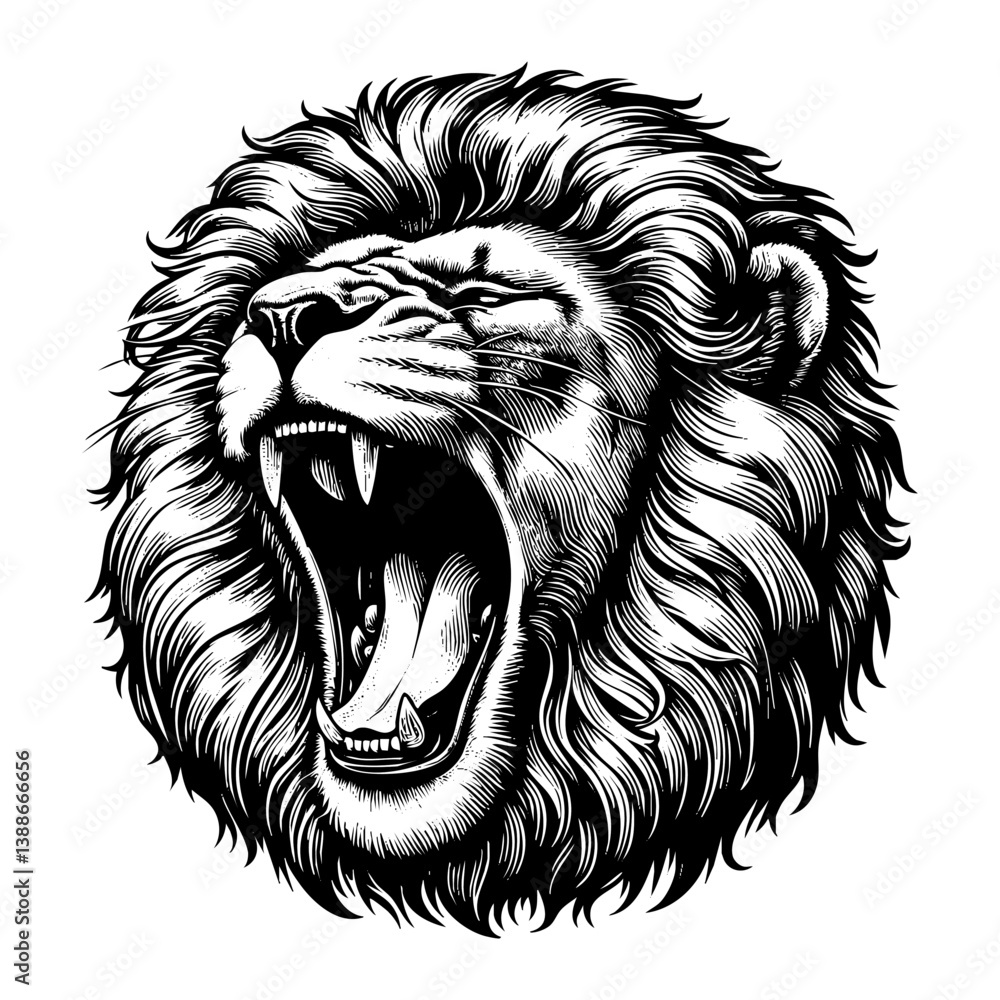 Obraz premium Lion portrait sketch engraving black and white outline. Scratch board imitation. illustrated in vintage line art style on a white background.