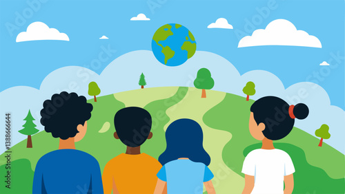 Future Generations A group of children and young adults looking at a bright flourishing landscape with a clear blue sky as they envision a sustainable future free from pollution.