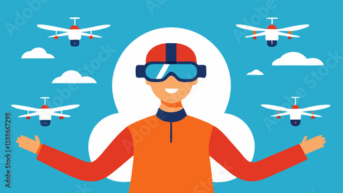 Drone Racing An excited operator wearing goggles at a drone racing event with multiple drones flying through a marked course in the air showcasing the thrill of competitive drone