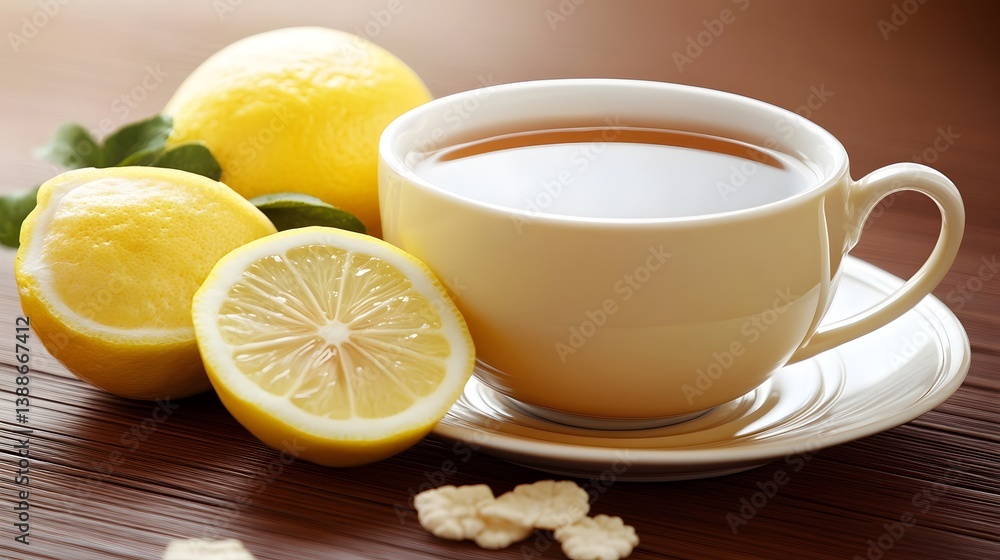 Refreshing Lemon Tea Cup with Sliced Lemons on Wooden Table Refreshing Lemon Tea Cup with Sliced Lemons on Wooden Table