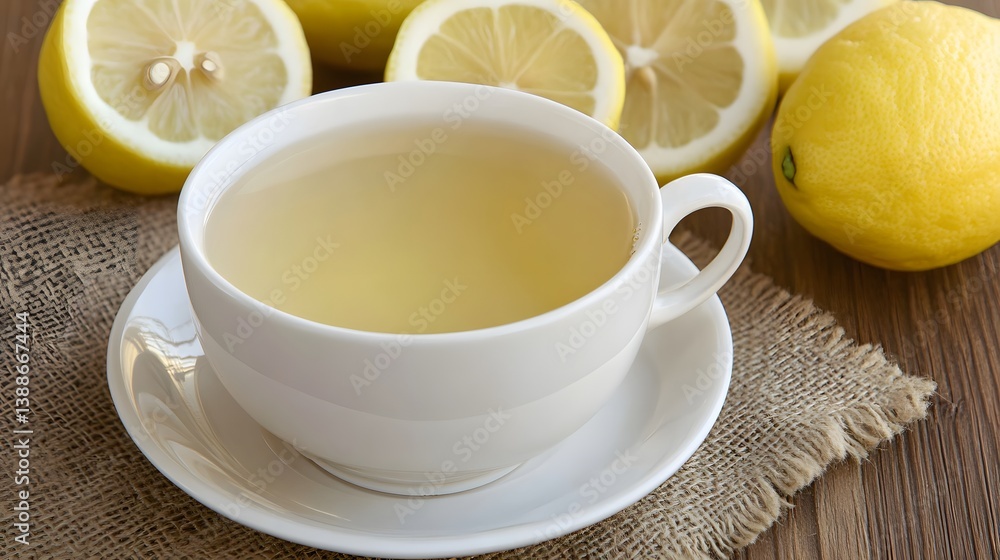 Refreshing Lemon Tea in White Cup on Burlap Refreshing Lemon Tea in White Cup on Burlap