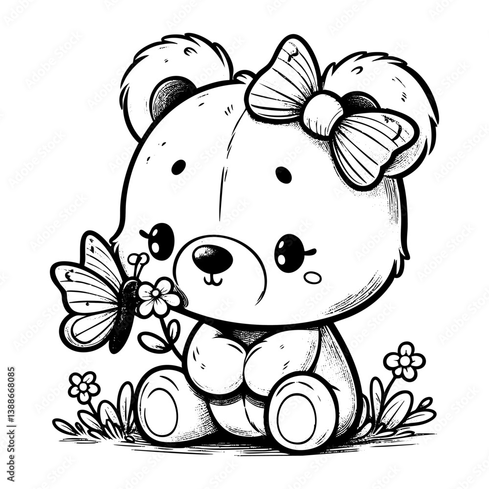 Fototapeta premium &nbsp;Cute bear with butterfly sketch portrait engraving black and white outline. Scratch board imitation. 