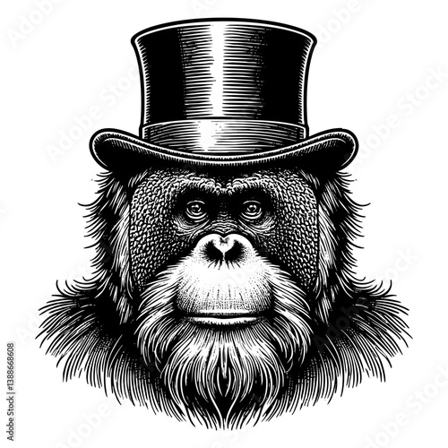 Orangutan wear top hat sketch engraving black and white outline. Scratch board imitation.  illustrated in vintage line art style on a white background.
