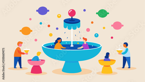 Humor Fountain A fountain flowing with colorful laughter bubbles where people are gathered around sipping from cups labeled Hilarity.