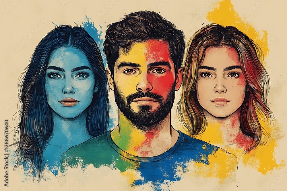 Fototapeta premium Diverse Group Portrait Man and Women with Splashes of Vibrant Color Background Art
