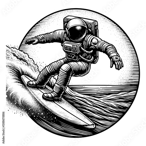 Astronaut surfing engraving black and white outline. Scratch board imitation.  illustrated in vintage line art style on a white background.

