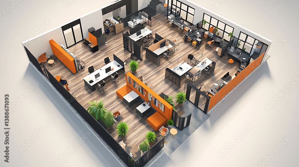 A large office space with a lot of furniture and plants