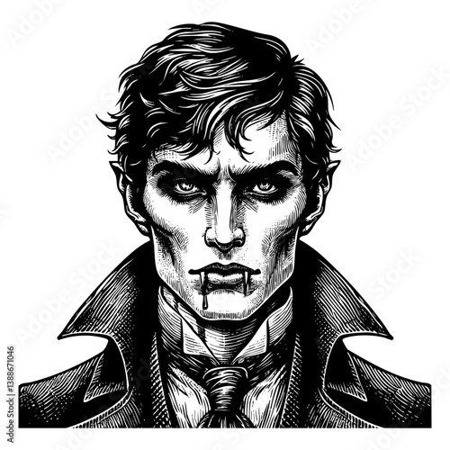 Dracula vampire sketch engraving black and white outline. Scratch board imitation.  illustrated in vintage line art style on a white background.
