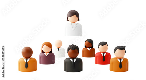 A stylized organization chart with diverse figures on a black background in a pyramid formation png