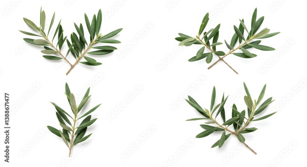 Obraz premium Four olive branches isolated against a pristine white backdrop conveying peace and simplicity