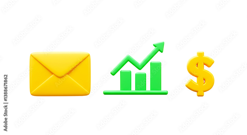 A yellow envelope next to a green graph with an arrow and a yellow dollar sign on black background png A yellow envelope next to a green graph with an arrow and a yellow dollar sign on black background png