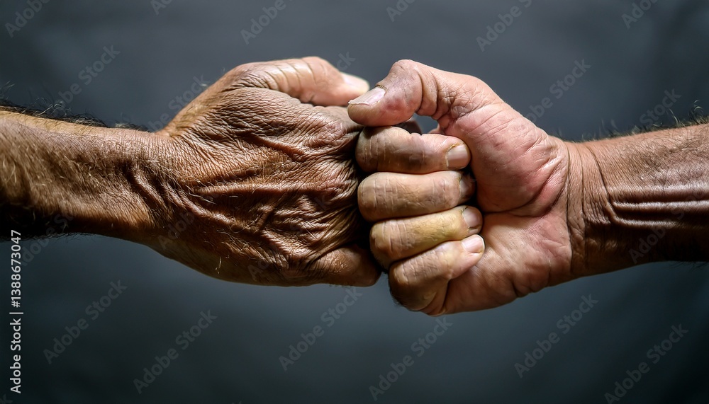 Fototapeta premium A close-up view of two male hands positioned together, showcasing their natural strength and detail. The hands are slightly weathered, with visible lines and veins, suggesting a sense of character.