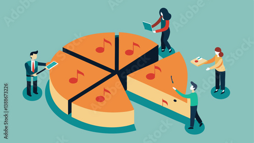 Group of Artists Sharing a Tiny Pie A group of musicians gathered around a tiny pie labeled streaming revenue trying to divide it into even smaller pieces highlighting the
